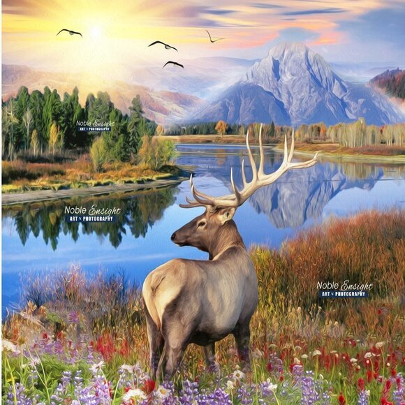 8x8 Landscape Elk Sunset Floral Wall Art Watercolor Oil Painting Art Print - Picture 4 of 7
